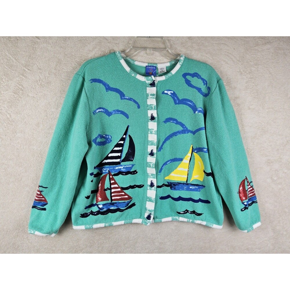 Onque Casuals Women's Sailboat Cardigan Nautical Resort Towel Top Petites Sz PM